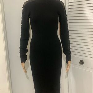 Almost Famous Black Long Sleeve Ribbed Midi Dress with Sheer Sleeve Detail